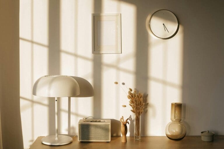 A desk holds a white dome lamp, a vintage-style radio, and dried flowers in a vase against a wall bathed in warm sunlight from a nearby window to help illustrate Spring Cleaning Checklist and Summer cleaning